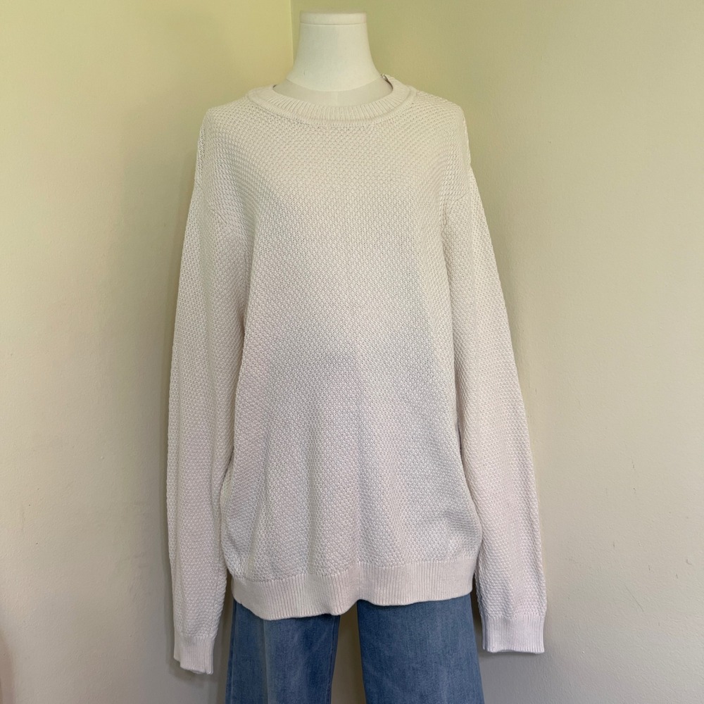 Gap Mens Cream Textured Honeycomb Knit Crewneck Sweater Size Medium Cotton Blend